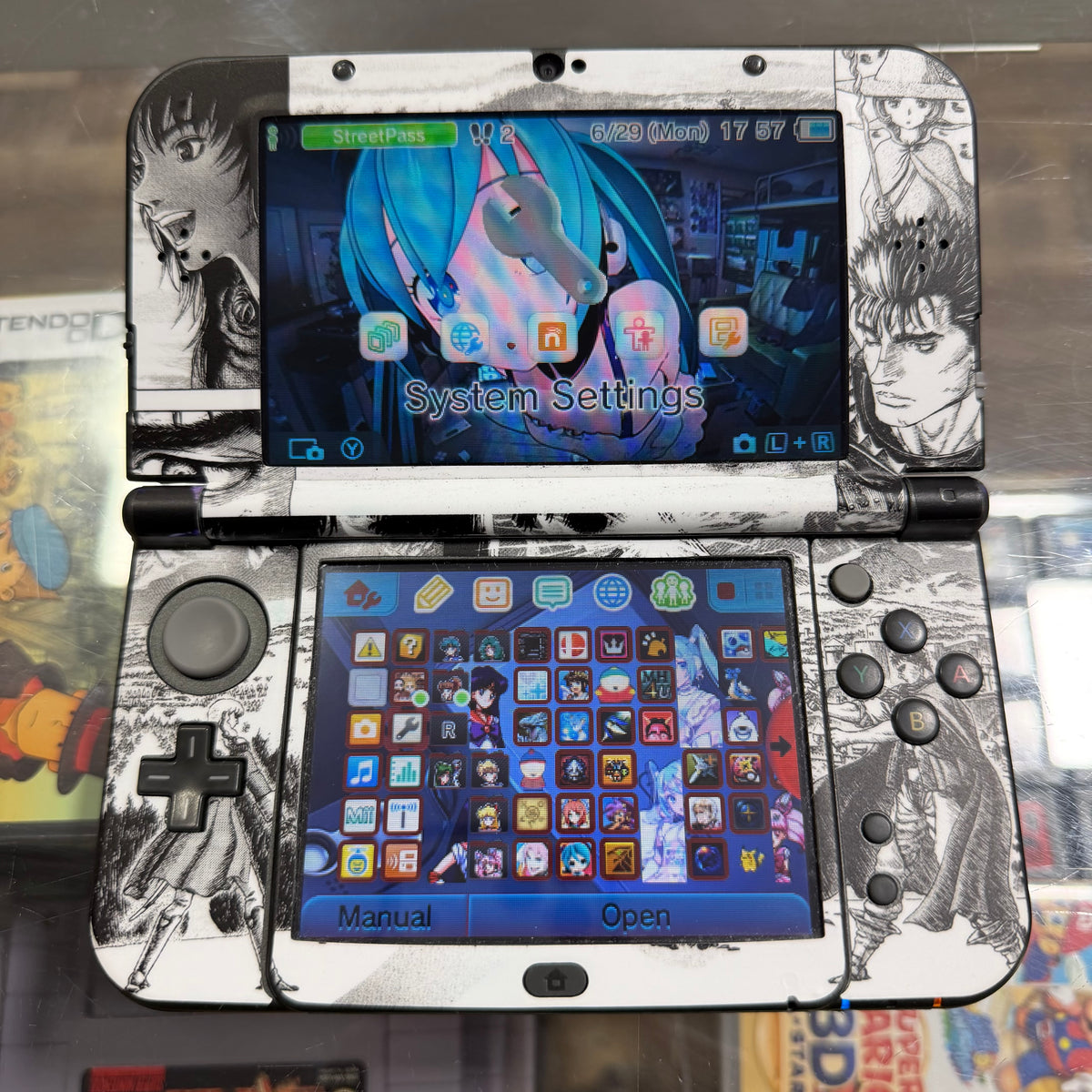 (587) Black New Nintendo 3DS XL Handheld System With Charger (Preinstalled Games) Berserk