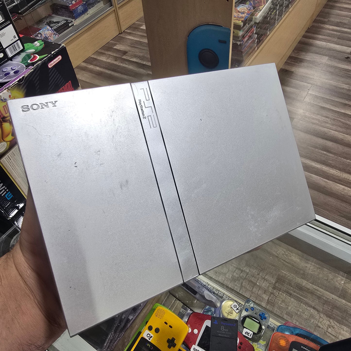 Silver Playstation 2 System with Controller and Wires (Plus Memory card)