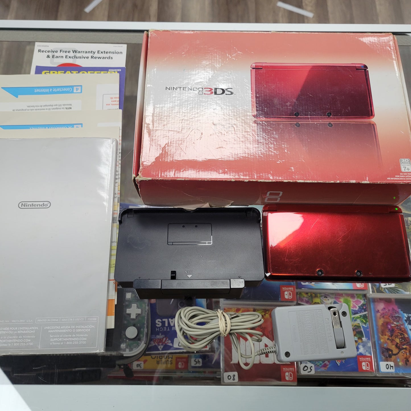 Red Nintendo 3DS CIB [Well Worn] [Rubber Thumbstick Missing]