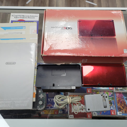 Red Nintendo 3DS CIB [Well Worn] [Rubber Thumbstick Missing]