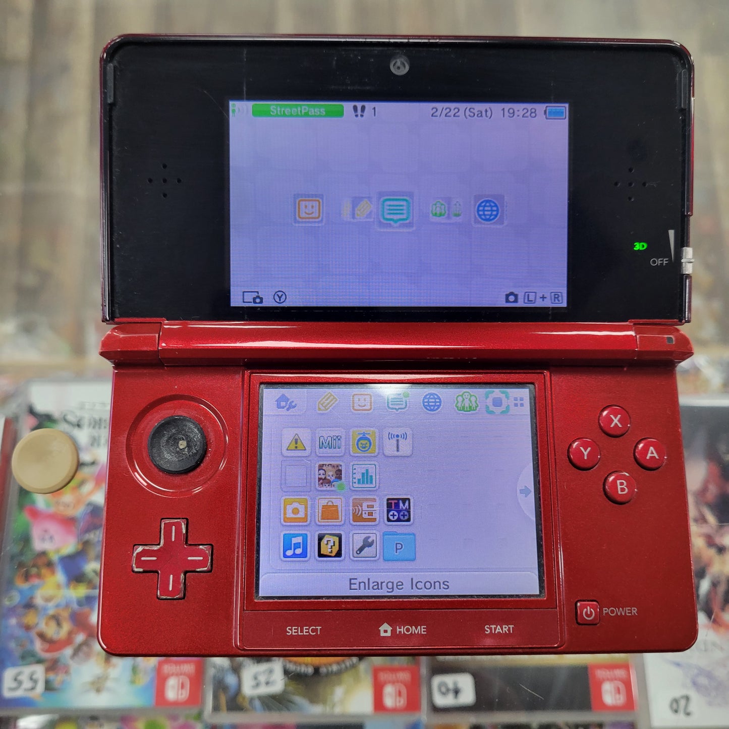 Red Nintendo 3DS CIB [Well Worn] [Rubber Thumbstick Missing]