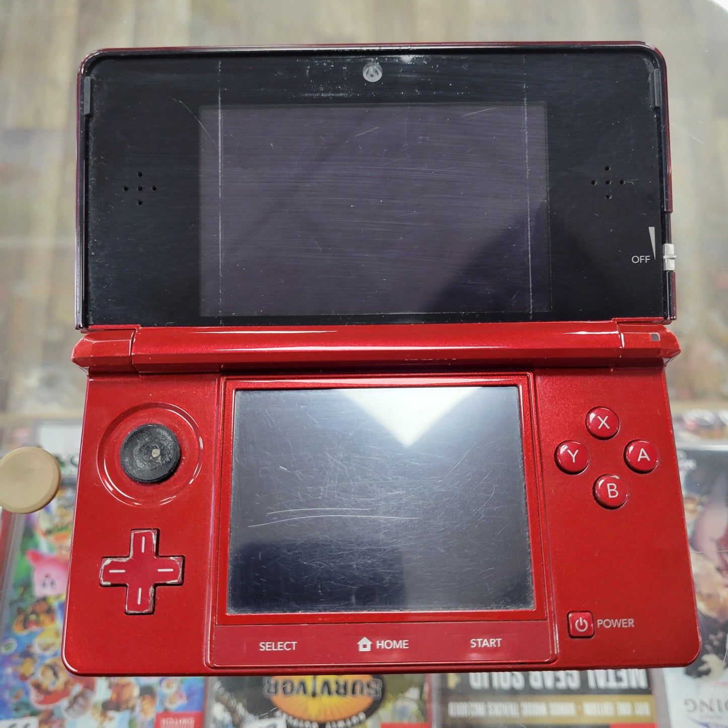 Red Nintendo 3DS CIB [Well Worn] [Rubber Thumbstick Missing]
