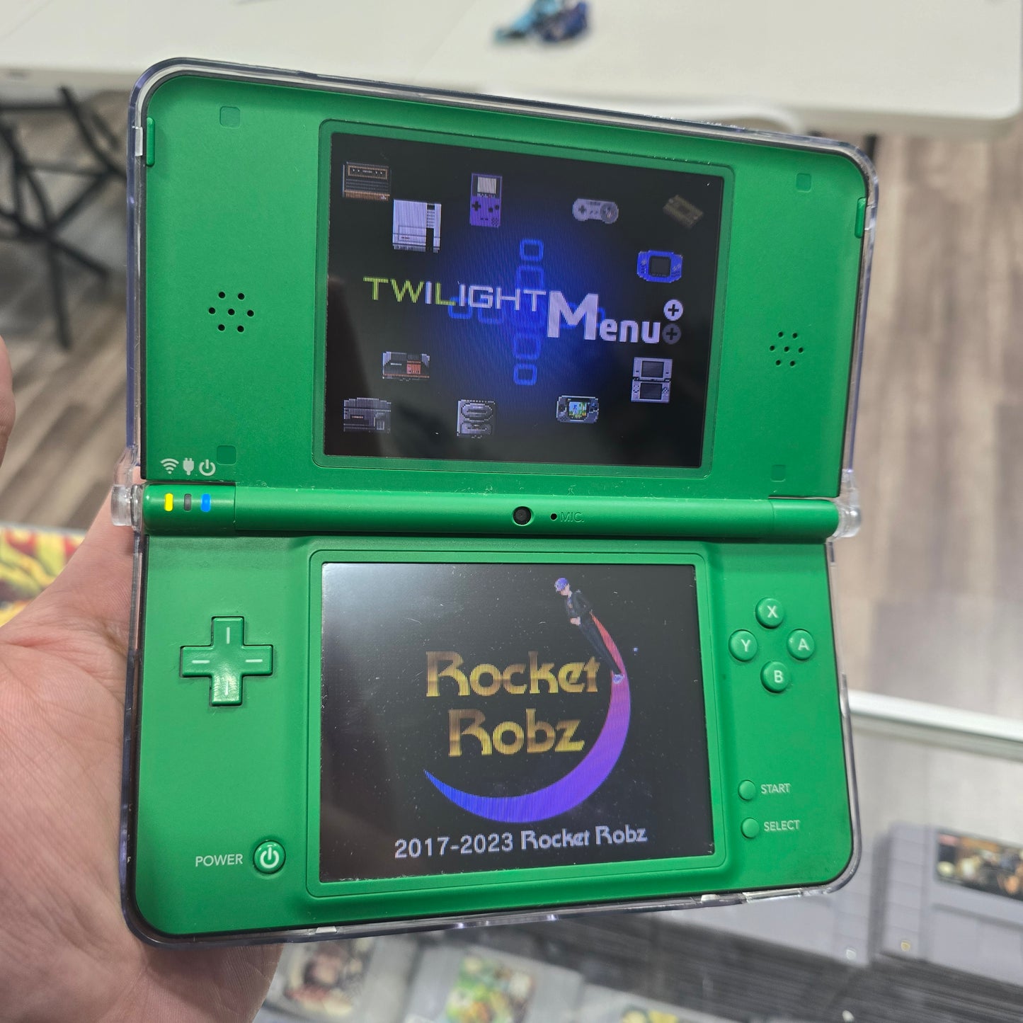 Modded Green Nintendo DSi XL Handheld System with Charger (Has Pokémon Games in English and Japanese)