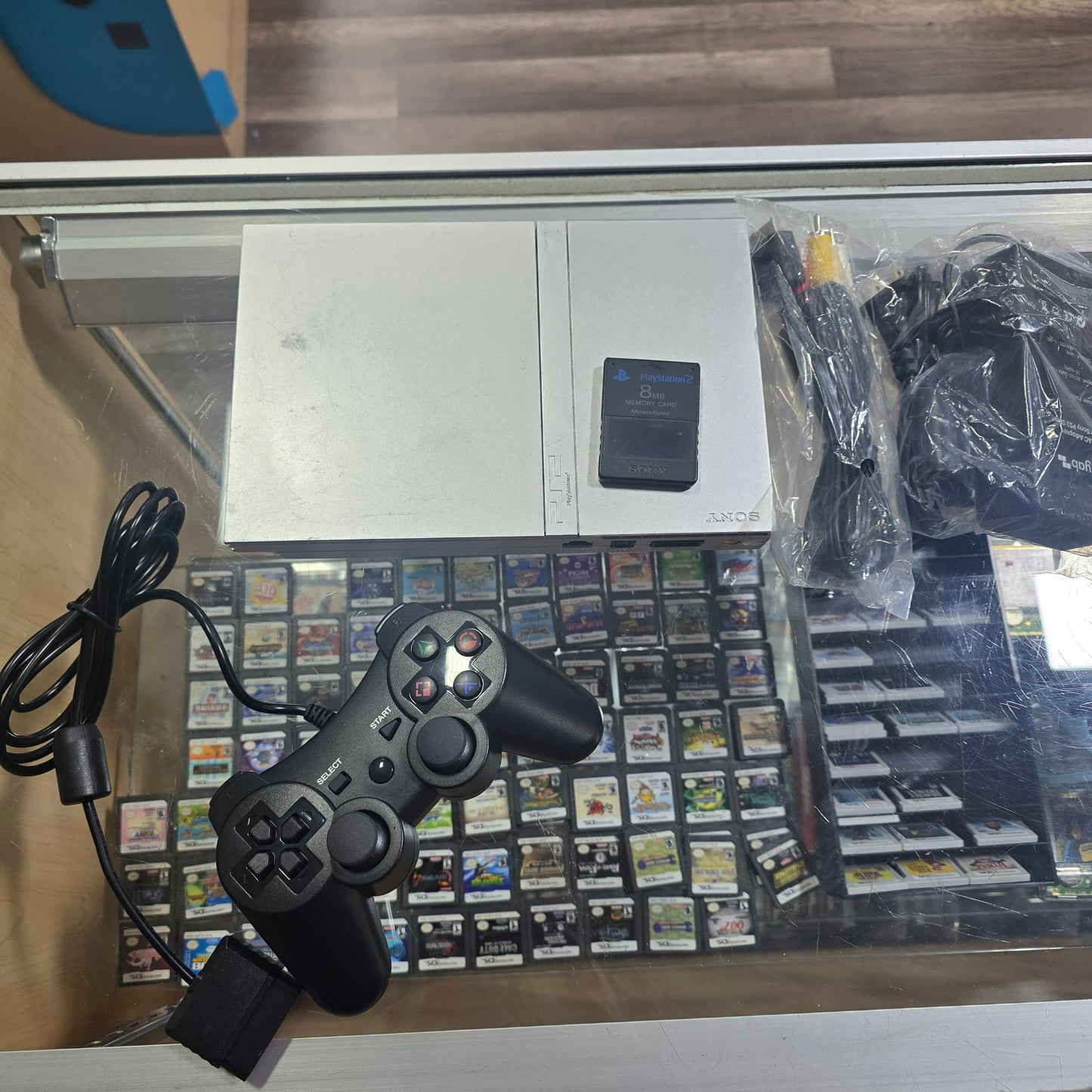 Silver Playstation 2 Slim System with One 3rd party controller and wires + Memory Card