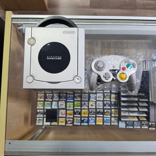 Silver Nintendo GameCube System with One Controller and Wires