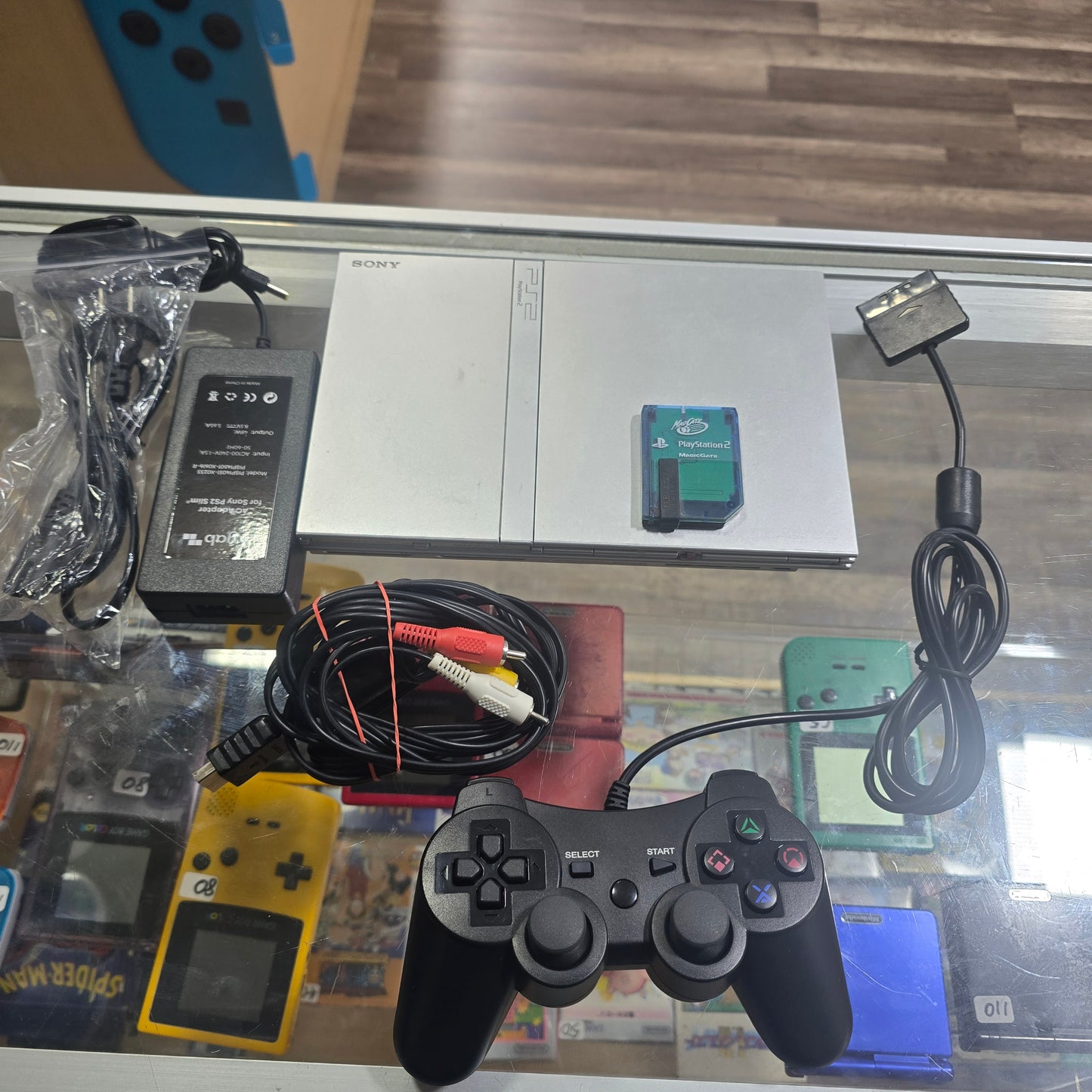 Silver Playstation 2 Slim System with One 3rd party controller and wires + Memory Card