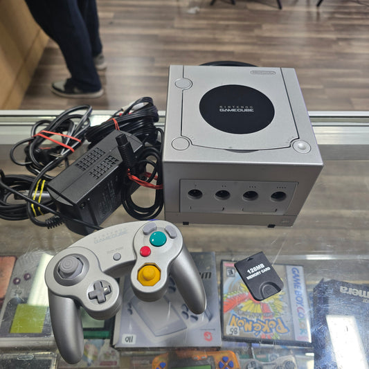 Silver Nintendo GameCube System with One Controller and Wires