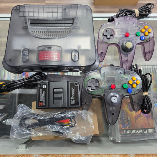 Fantastic Smoke Black Nintendo 64 System cables controllers included [second controller has third party stick]