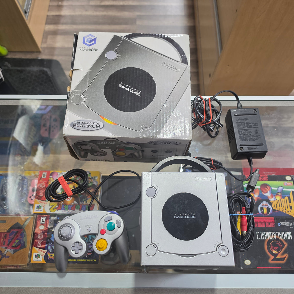 Silver Nintendo GameCube System with All Wires and Controller Plus Box
