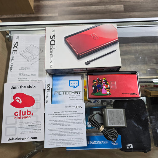 Red Crimson & Black Nintendo DS Lite CIB with Mario Case Cover