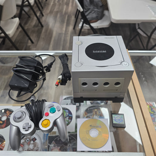 Silver Nintendo GameCube with Gameboy Player, Swiss Memory Card, and Zelda Windwaker Disc