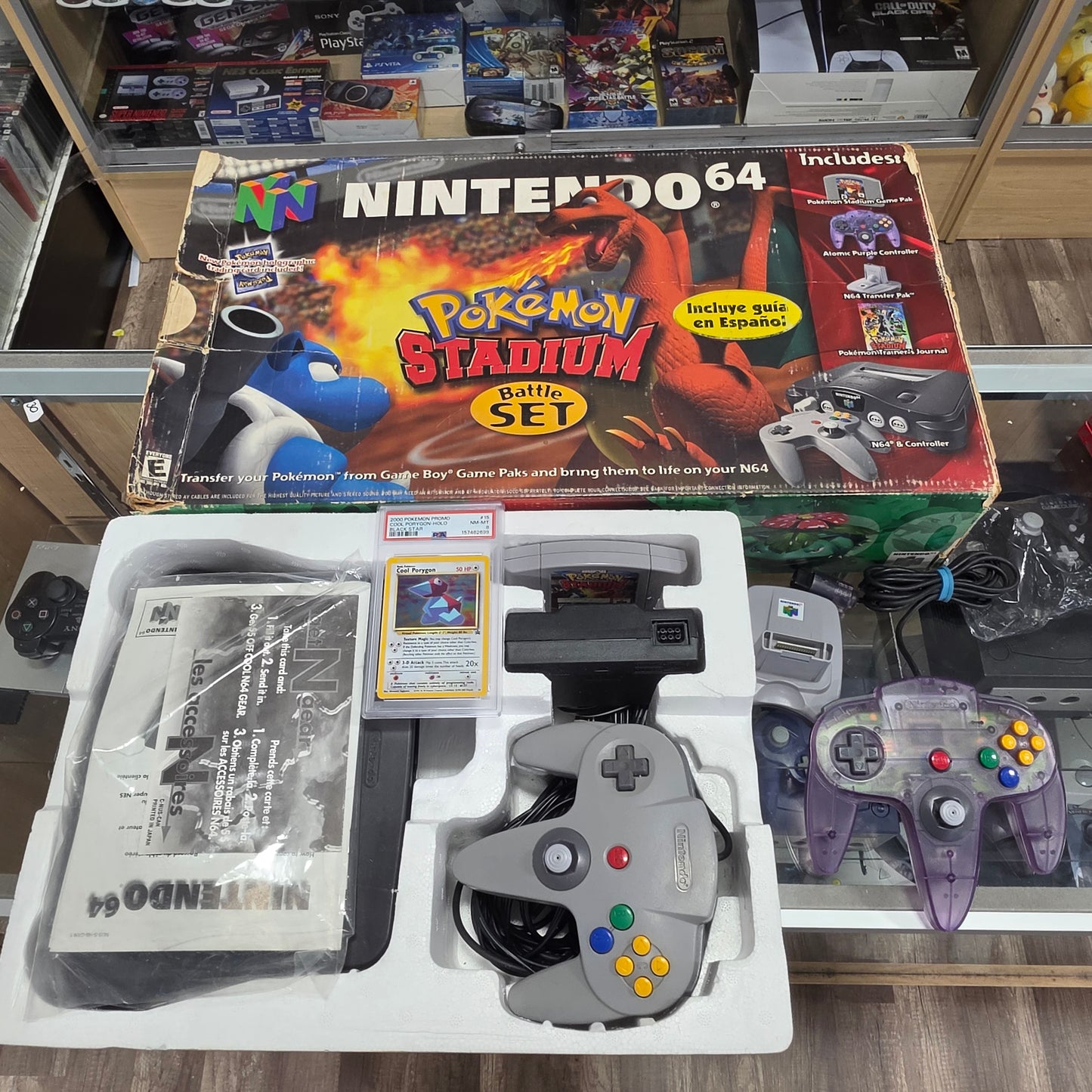 Nintendo 64 System [Pokemon Stadium Battle Set] With Graded Pokémon Card (Porygon PSA 8)